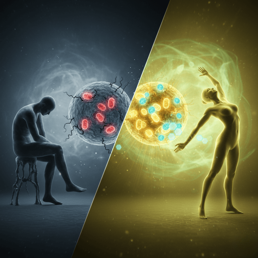 Conceptual image comparing a fatigued body and cell (left) with a vibrant body and cell undergoing mitochondrial renewal