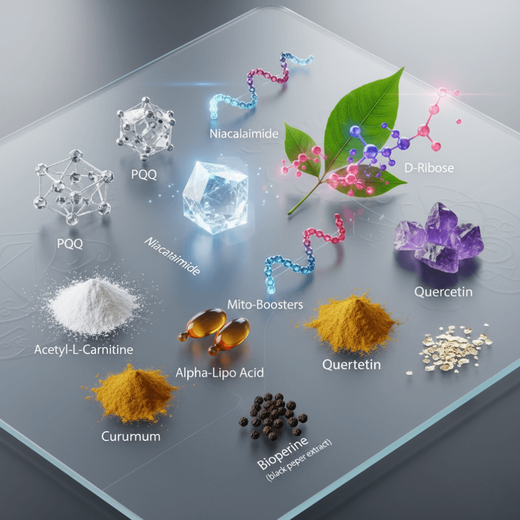Scientific composition of the supplement's active ingredients, including PQQ, Niacinamide, D-Ribose, Curcumin, and Quercetin.