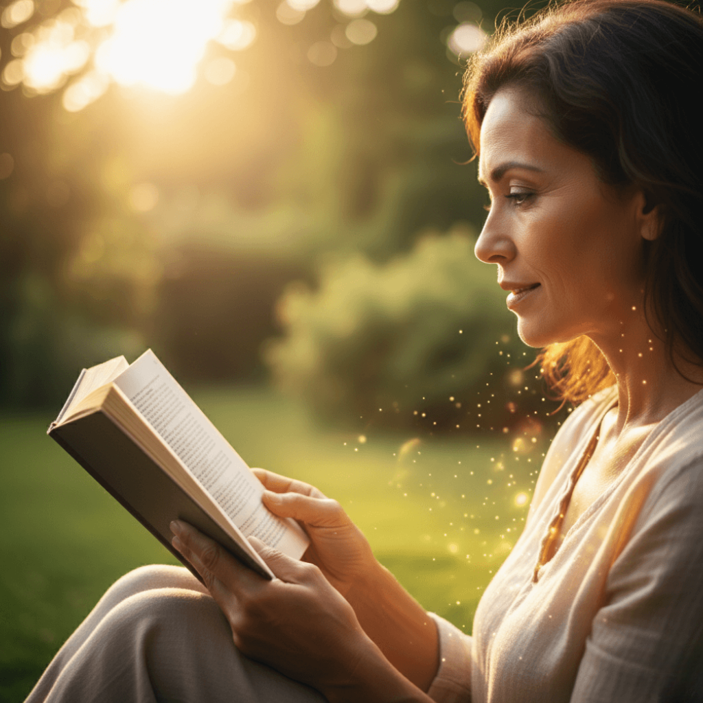 Middle-aged woman with a calm expression reading outdoors, symbolizing vitality and support for cognitive function.