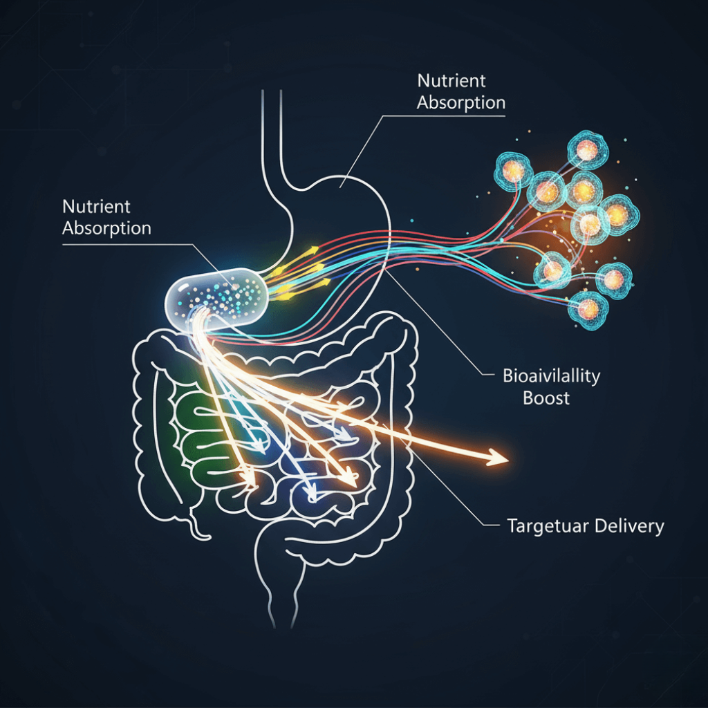 Conceptual diagram of nutrient absorption, showing targeted delivery and increased bioavailability for cells.