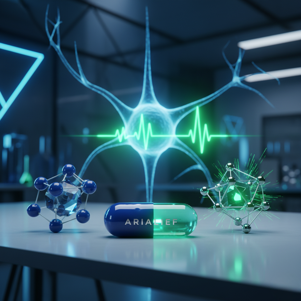 3D representation of the Arialief capsule and its key ingredients, with cinematic lighting in shades of blue and green, focusing on science and oral nutrition.