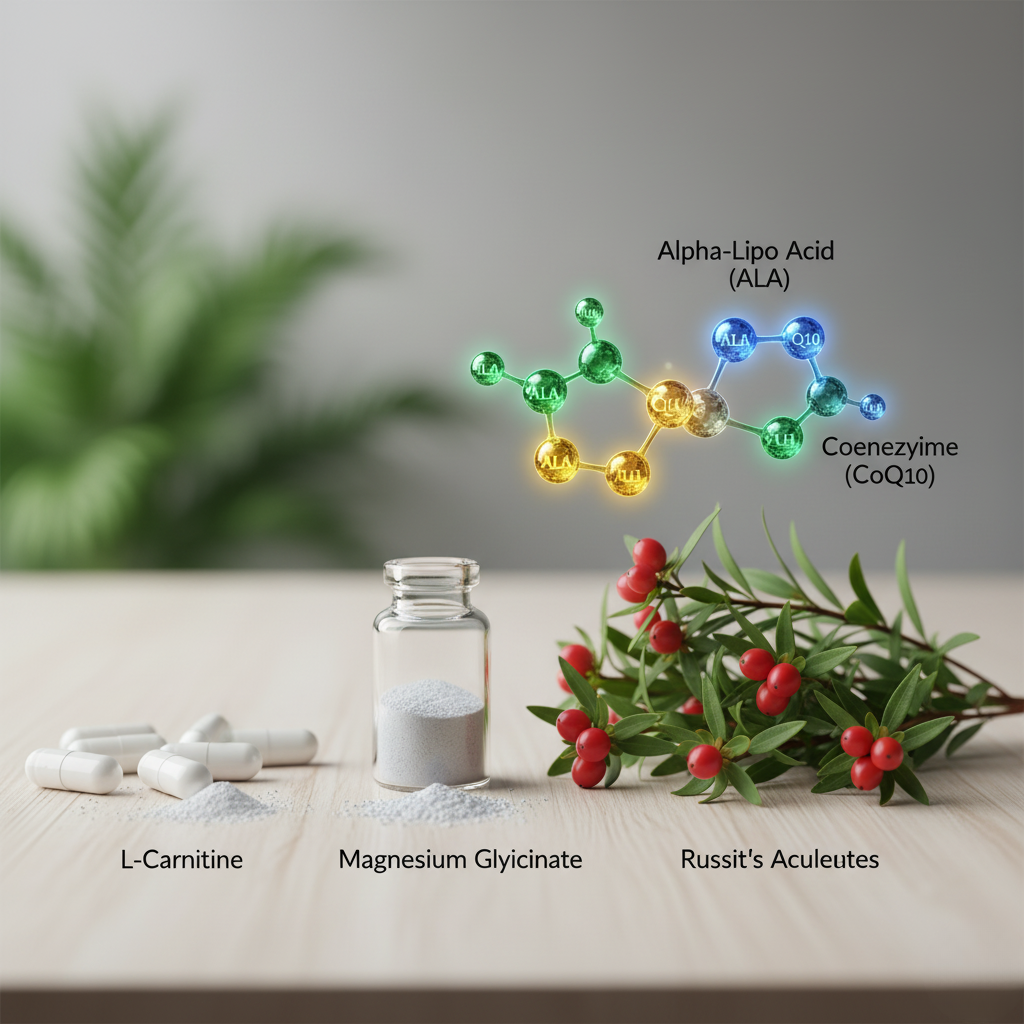 Realistic composition of the main ingredients of Arialief: Magnesium Glycinate powder, Alpha-Lipoic Acid and Coenzyme Q10 in molecular structures, L-Carnitine in capsules, and Ruscus Aculeatus leaves.
