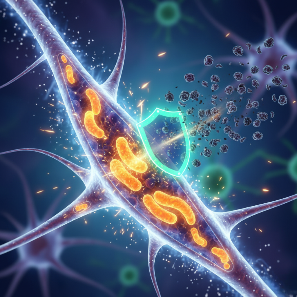 Stylized illustration of a healthy neuron with an intact myelin sheath and bright mitochondria generating energy (ATP), protected by a shield against oxidative stress.