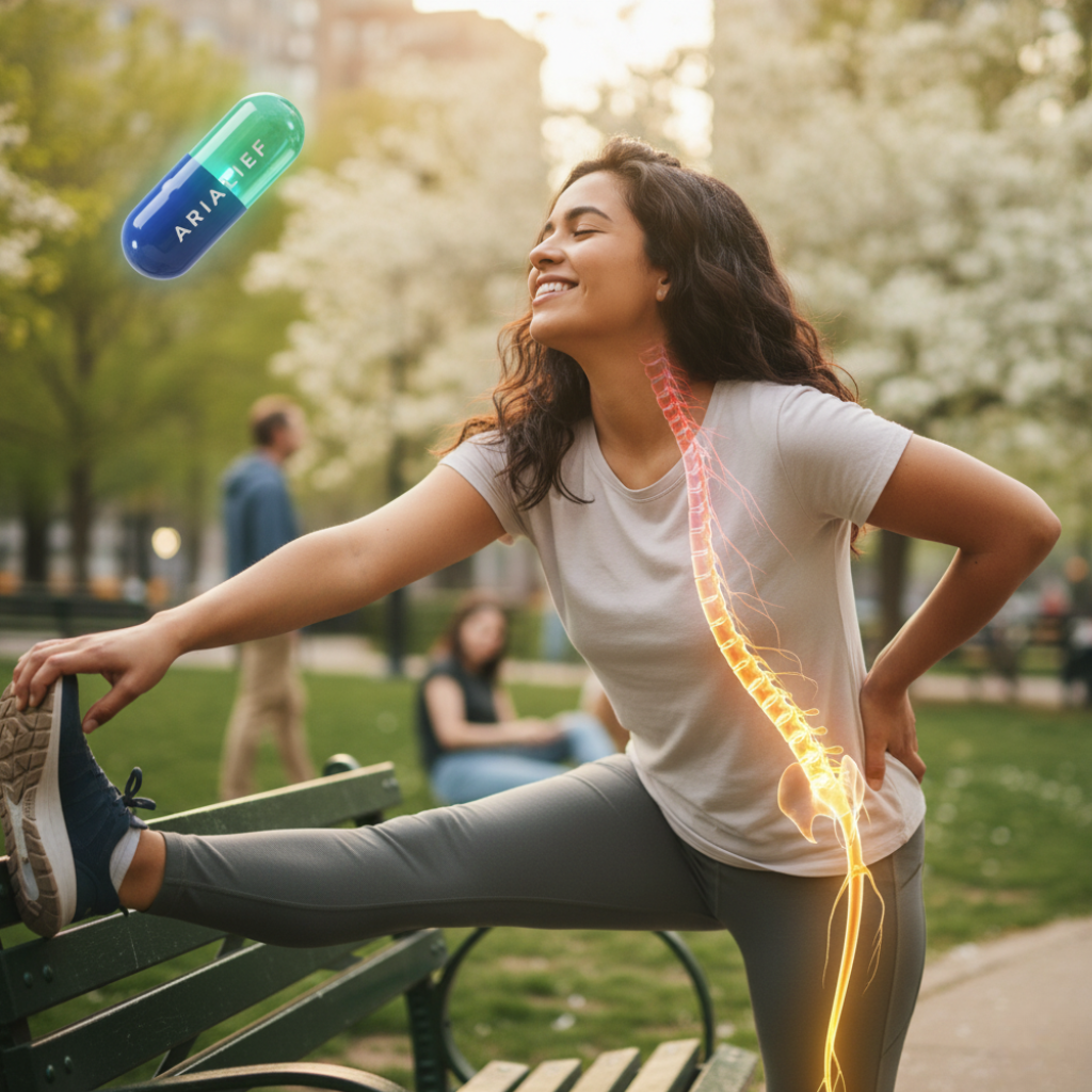 Young person happily stretching in a park, with a sciatic nerve overlaid on their back, transitioning from red (pain) to gold (relief), and an Arialief capsule floating.