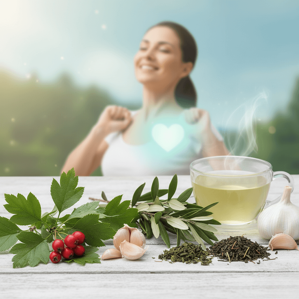 "Hawthorn, olive leaves, garlic, and green tea promoting cardiovascular health with a healthy smiling person and a glowing heart in the chest."