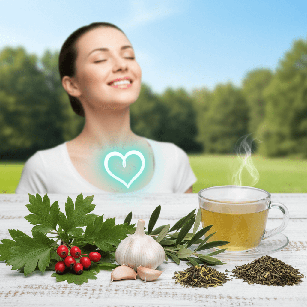 "Hawthorn, garlic, olive leaves, and green tea representing natural ingredients for heart health, with a healthy person and glowing chest aura."