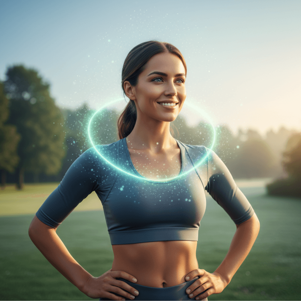 "Healthy woman with glowing skin and energetic aura representing stress relief, balanced cortisol, and vitality."