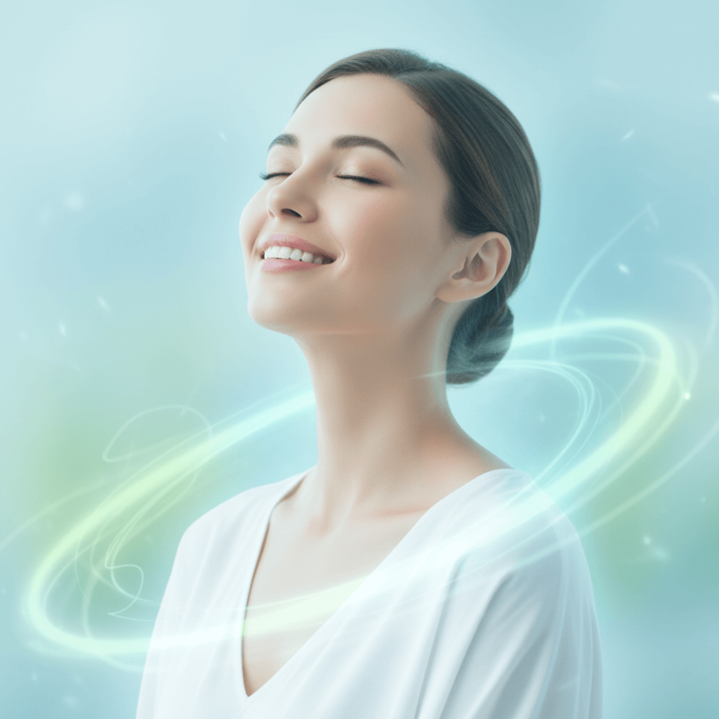 "Healthy woman with glowing skin and energetic aura representing stress relief, balanced cortisol, and vitality."