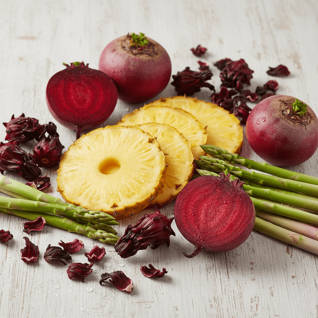 Natural ingredients like beet root and hibiscus used in Flush Factor Plus to support circulation and kidney function.