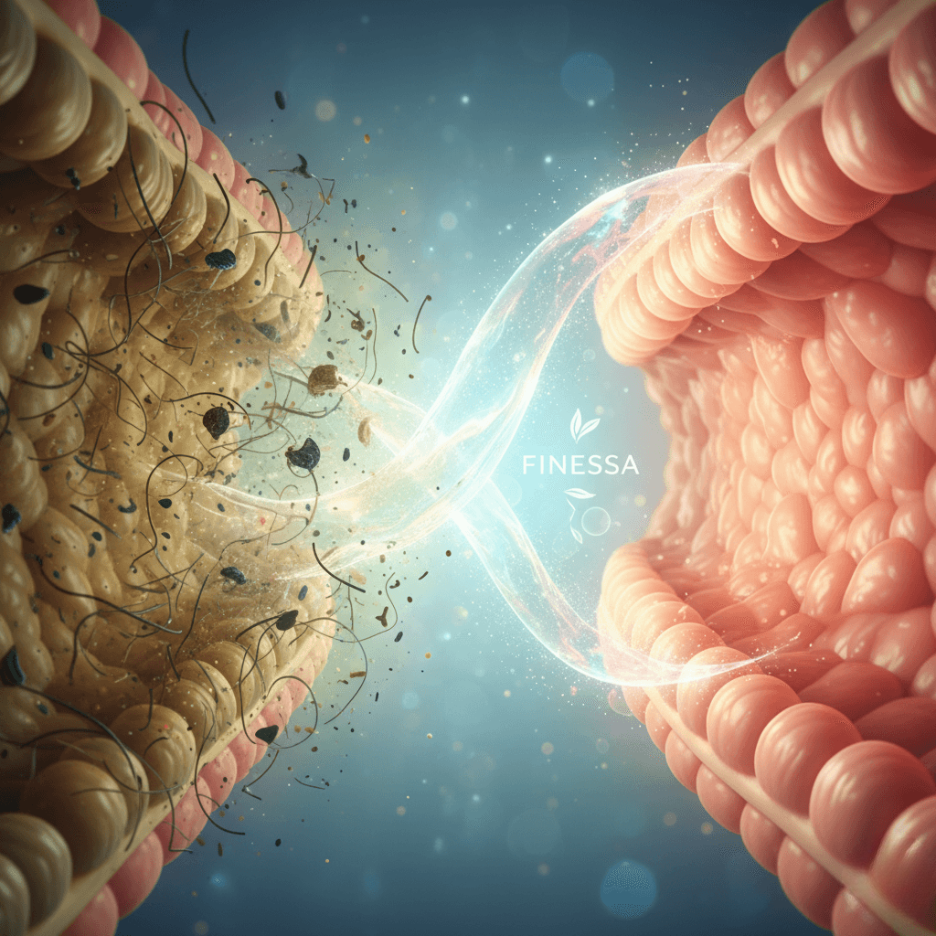 Microscopic representation of the Finessa action, showing an energy beam that cleanses and purifies the intestines, removing waste and toxins.