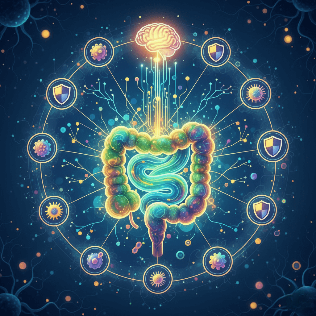 Illuminated conceptual diagram showing the connection of the gut with the brain and the immune system, illustrating the multiple benefits for overall health.