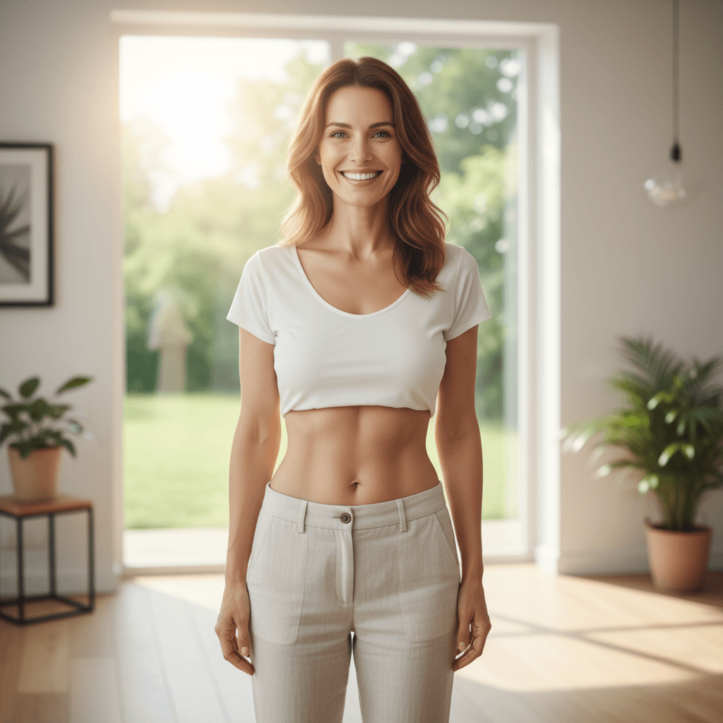 Smiling and radiant woman in a bright setting, showing a flat stomach and confident posture after using the Finessa supplement.