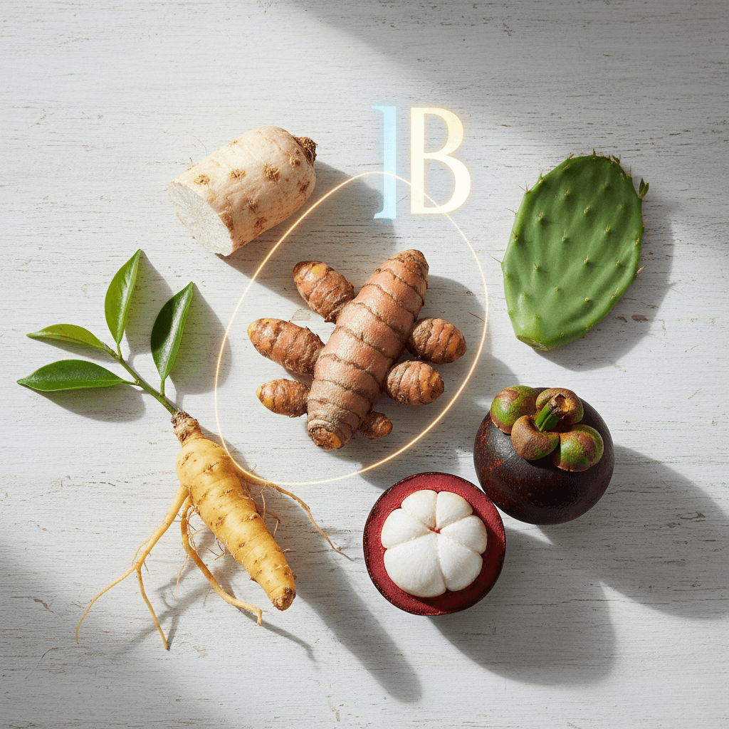 Photographic arrangement of the key ingredients of IGNITRA: Berberine, Turmeric, and Mangosteen, highlighting the natural and powerful formula.