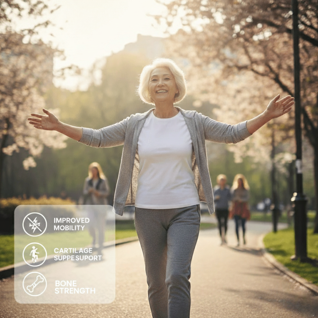 Elderly woman smiling and walking energetically, illustrating the improved mobility and cartilage support promoted by the Joint Genesis supplement.
