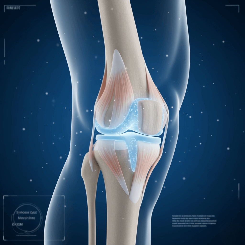 Scientific illustration of a healthy joint with intact cartilage and lubricating synovial fluid.