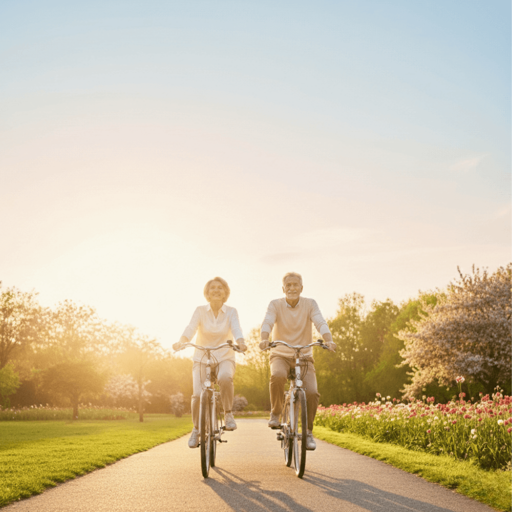 “Elderly couple cycling in the park at sunset, enjoying health and vitality.