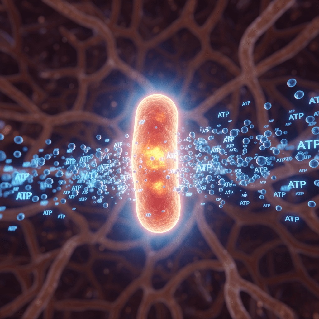 Detailed scientific illustration of a vibrant mitochondrion in a muscle cell, releasing ATP molecules, representing increased cellular energy and fundamental support for active metabolism and fat burning.