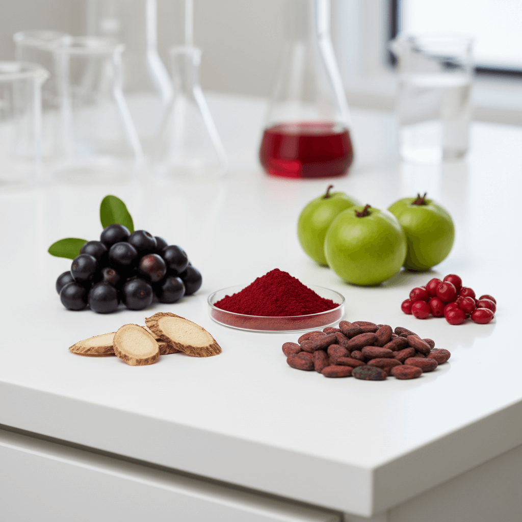 Still life with the six high-performance natural extracts from Mitolyn, including Maqui, Rhodiola, Astaxanthin, Amla, Cocoa, and Schisandra, presented in a botanical and scientific manner on a laboratory surface, highlighting the natural foundation for metabolic weight loss.