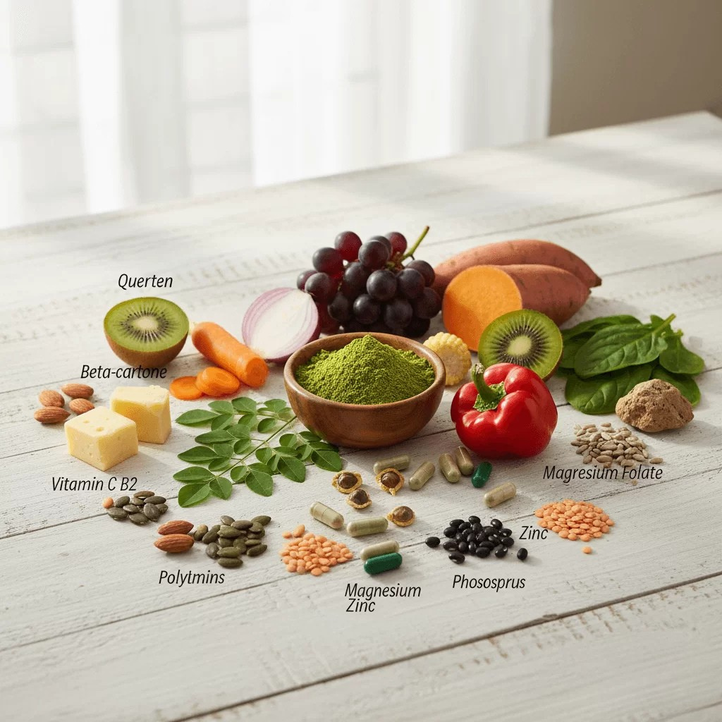 Moringa powder surrounded by essential nutrients like Zinc, Magnesium, Folate, and Quercetin, illustrating the antioxidant and vitamin richness of the formula.