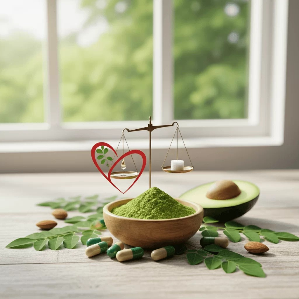 Scale symbolizing weight balance and blood sugar control, with Moringa powder, capsules, and a heart, representing support for heart health and diabetes management.