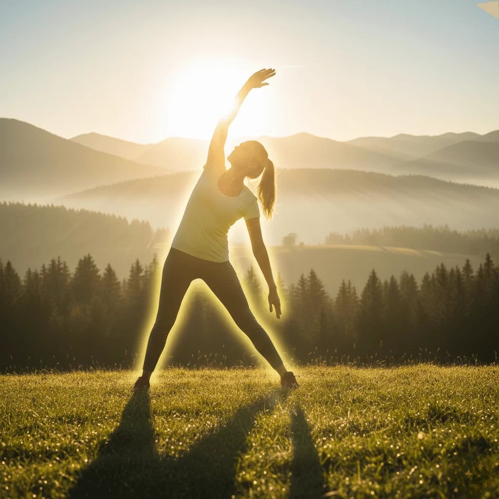 Woman posing during sunrise, symbolizing the increase in vigor and energy, and fighting chronic fatigue with the mitochondrial supplement.