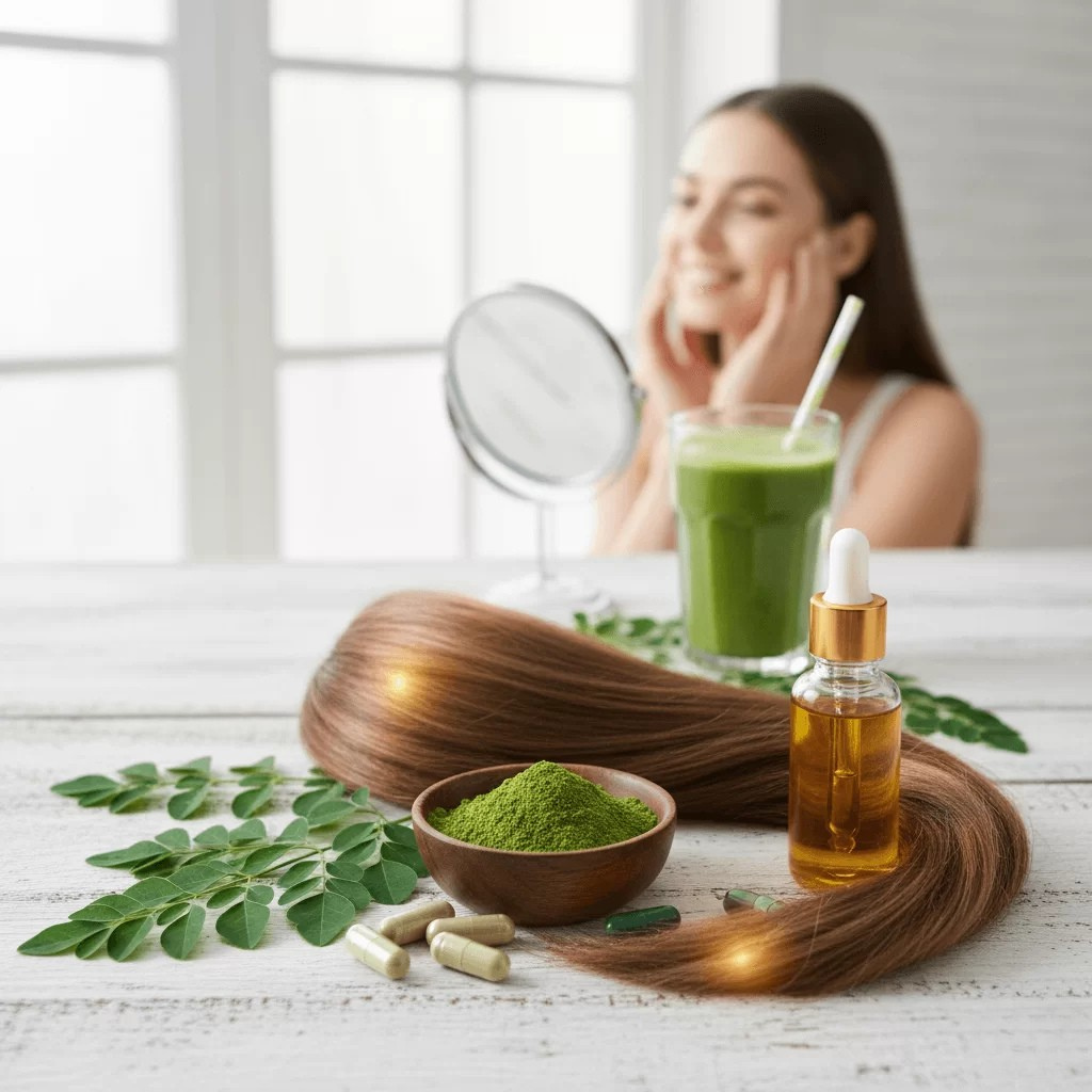 Moringa powder, oil, and capsules with healthy hair strands, showing the benefits of Moringa for beauty, radiant skin, and hair nutrition. Exportar para Sheets 