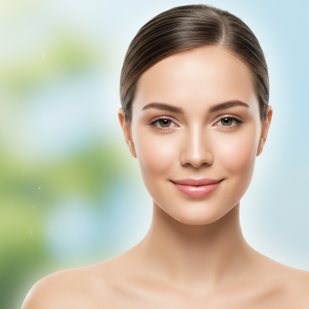 Portrait of a young, smiling woman with smooth, glowing, and radiant skin, symbolizing natural beauty and health. Blurred green and blue background for a fresh feel.