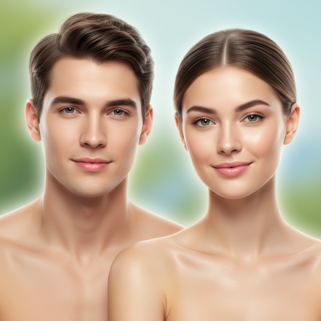  Portrait of a young, smiling couple (man and woman) with clean, luminous skin, conveying overall health and well-being. Blurred background in shades of green and blue, focusing on skin vitality.