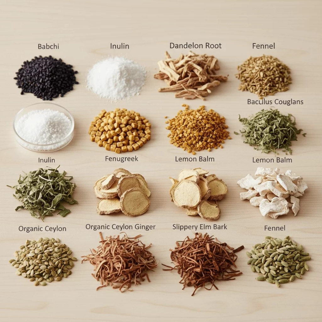 Overhead view of several piles of Neotonics' natural and organic ingredients, carefully labeled: Babchi, Inulin, Dandelion Root, Fennel, Bacillus Coagulans, Fenugreek, Lemon Balm, Organic Ceylon Ginger, and Slippery Elm Bark, arranged on a light wood surface.