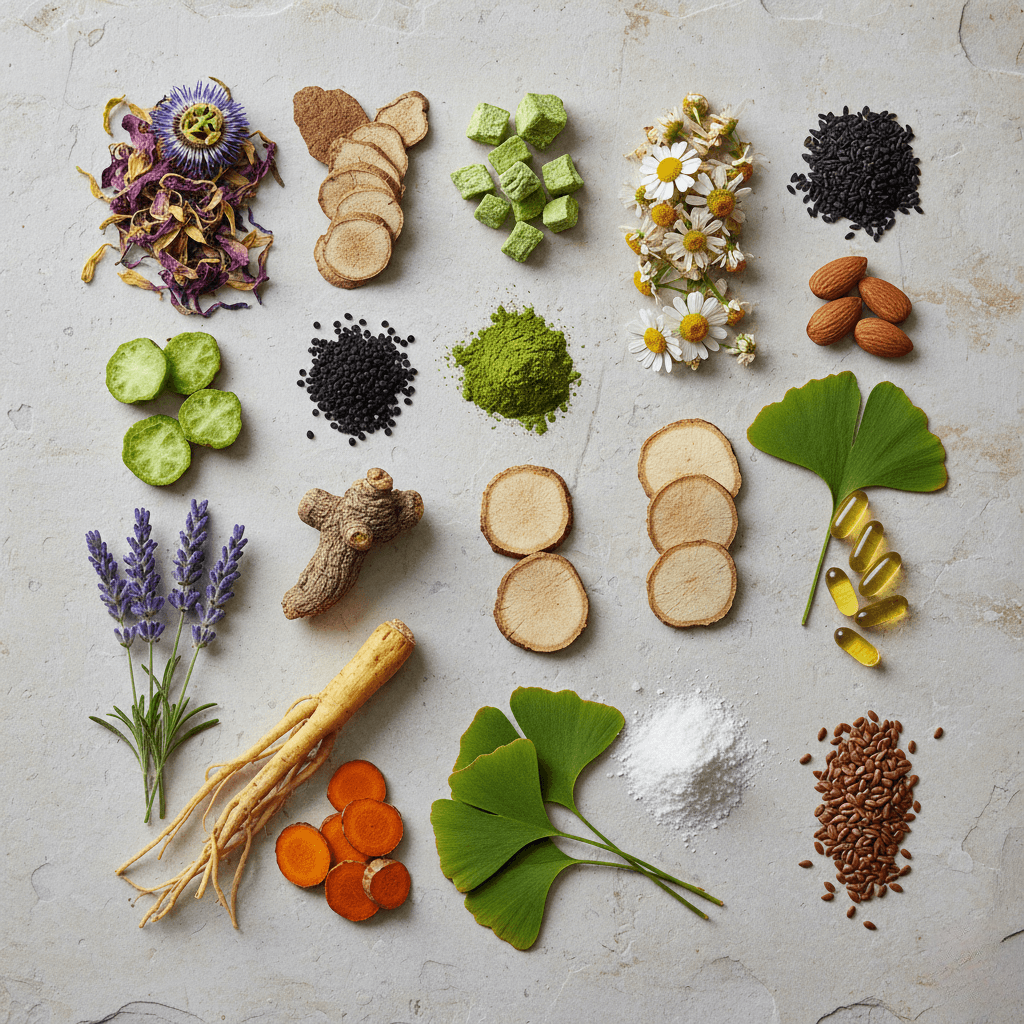 Nervovive natural ingredients: Passion Flower, Corydalis, and B Complex for healthy nerves, focus, and energy.