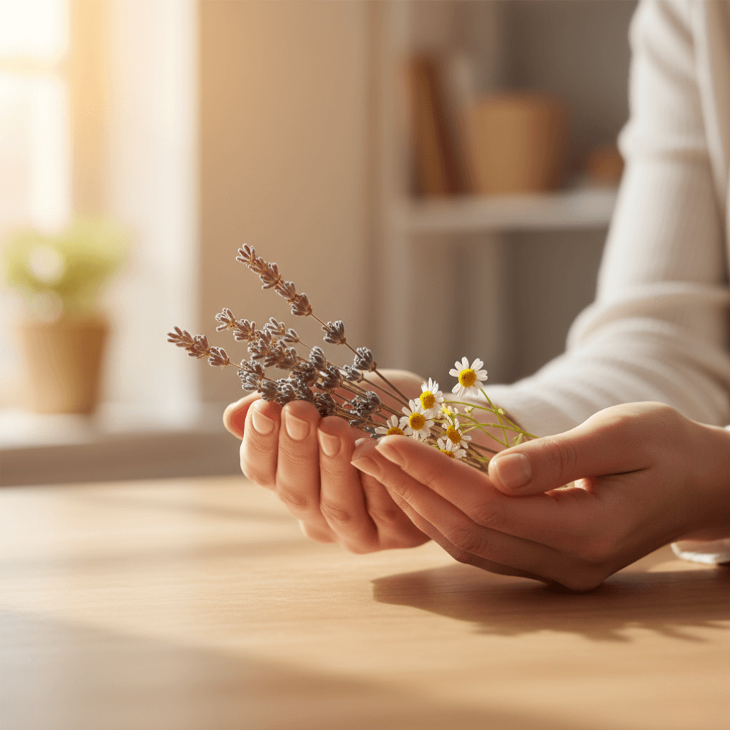 Hands holding lavender and chamomile, symbolizing the calm focus and emotional balance promoted by Nervovive's natural nerve support.