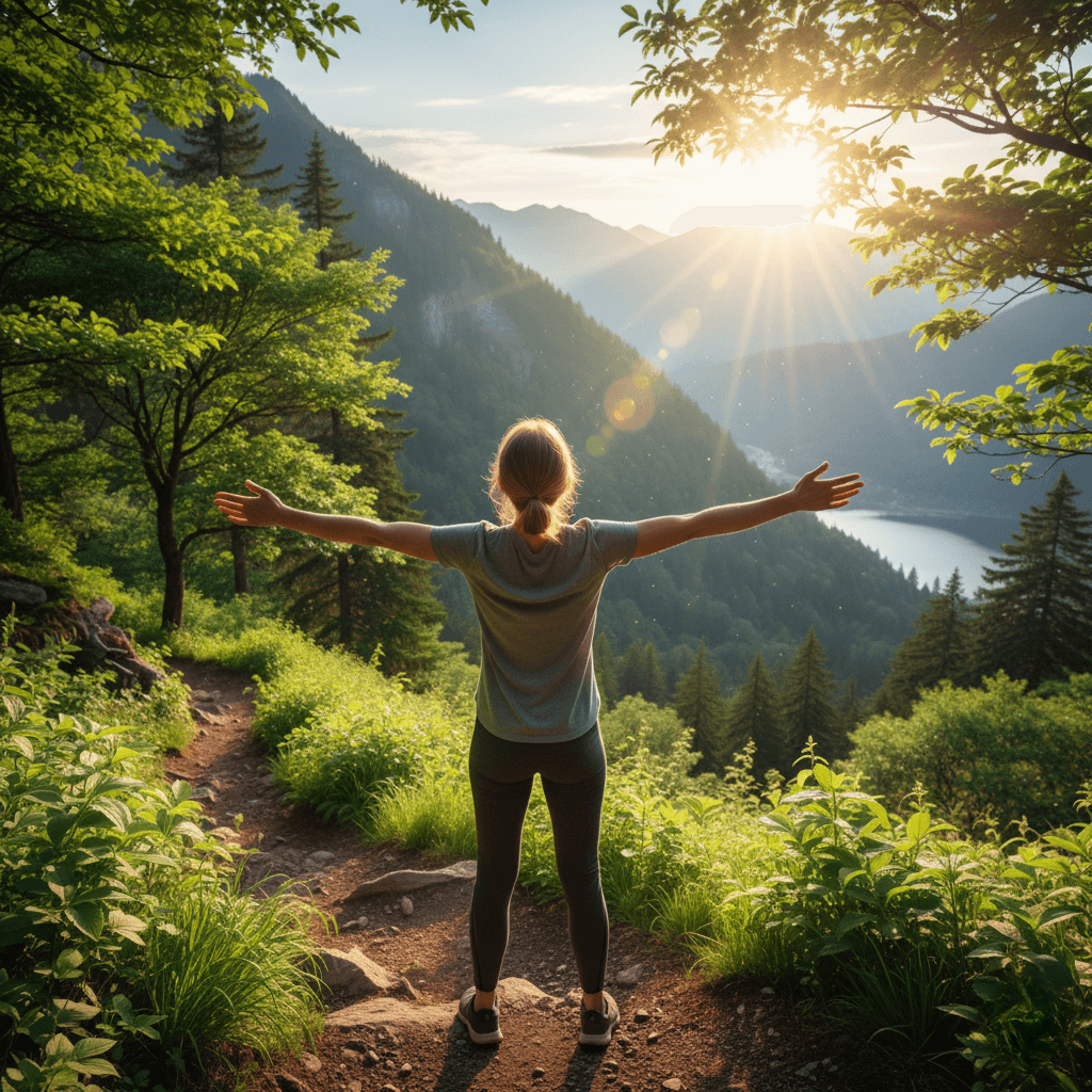 Person breathing outdoors, representing the vitality, sustained energy, and nervous resilience restored by Nervovive.