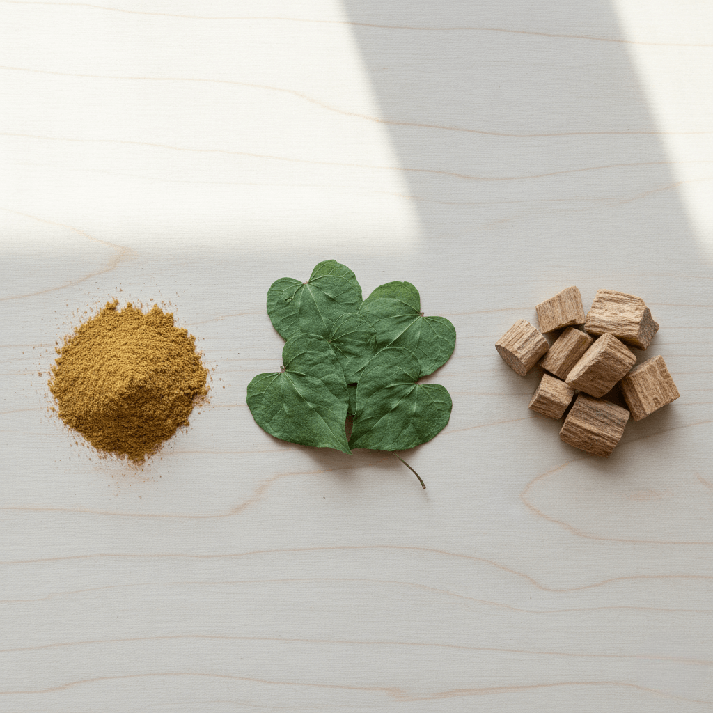 Artistic arrangement of Prime Perform’s natural ingredients: Epimedium, Tongkat Ali, Nettle Root, and essential minerals.