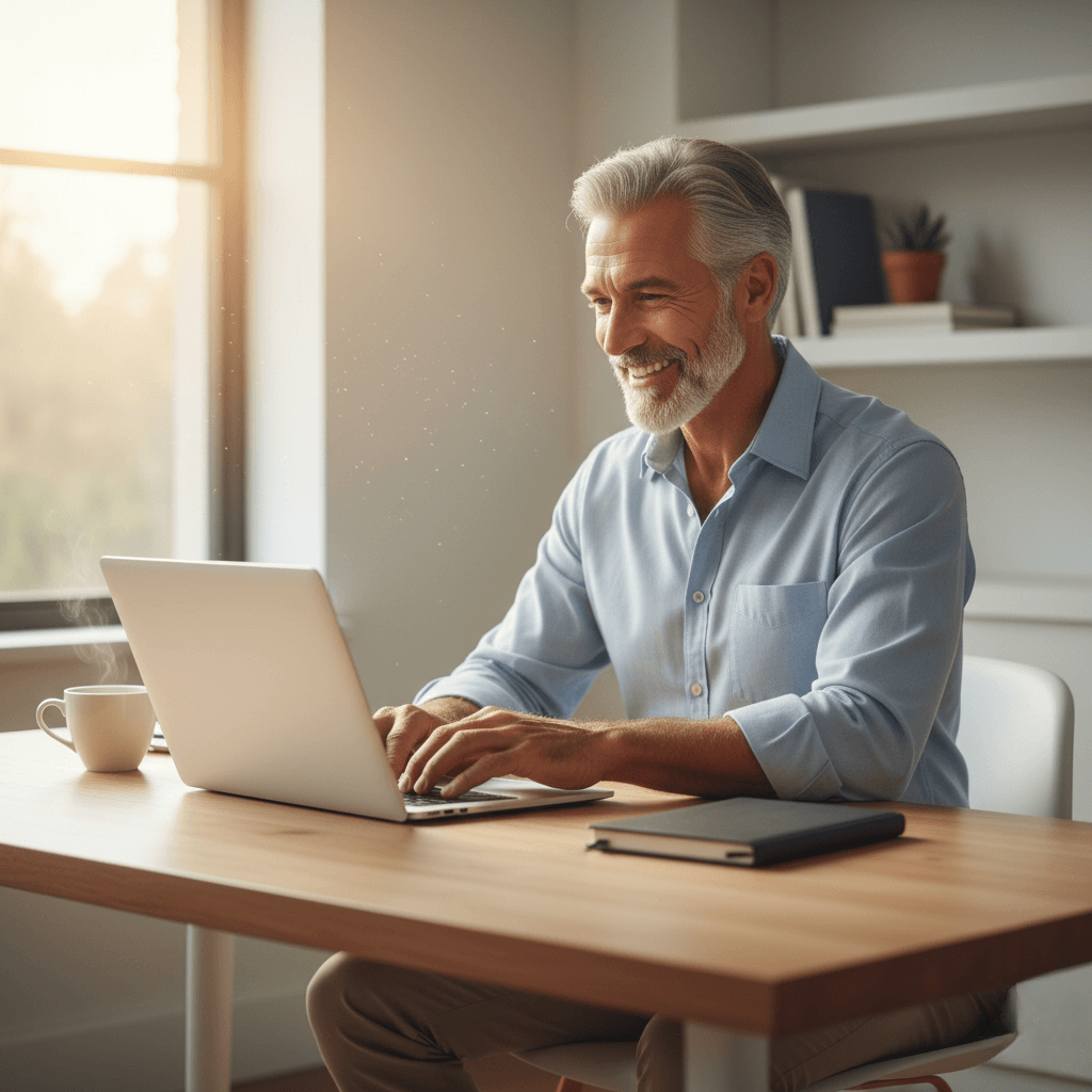 Mature man focused at his desk, representing improved mental clarity and sustained physical stamina from Prime Perform.