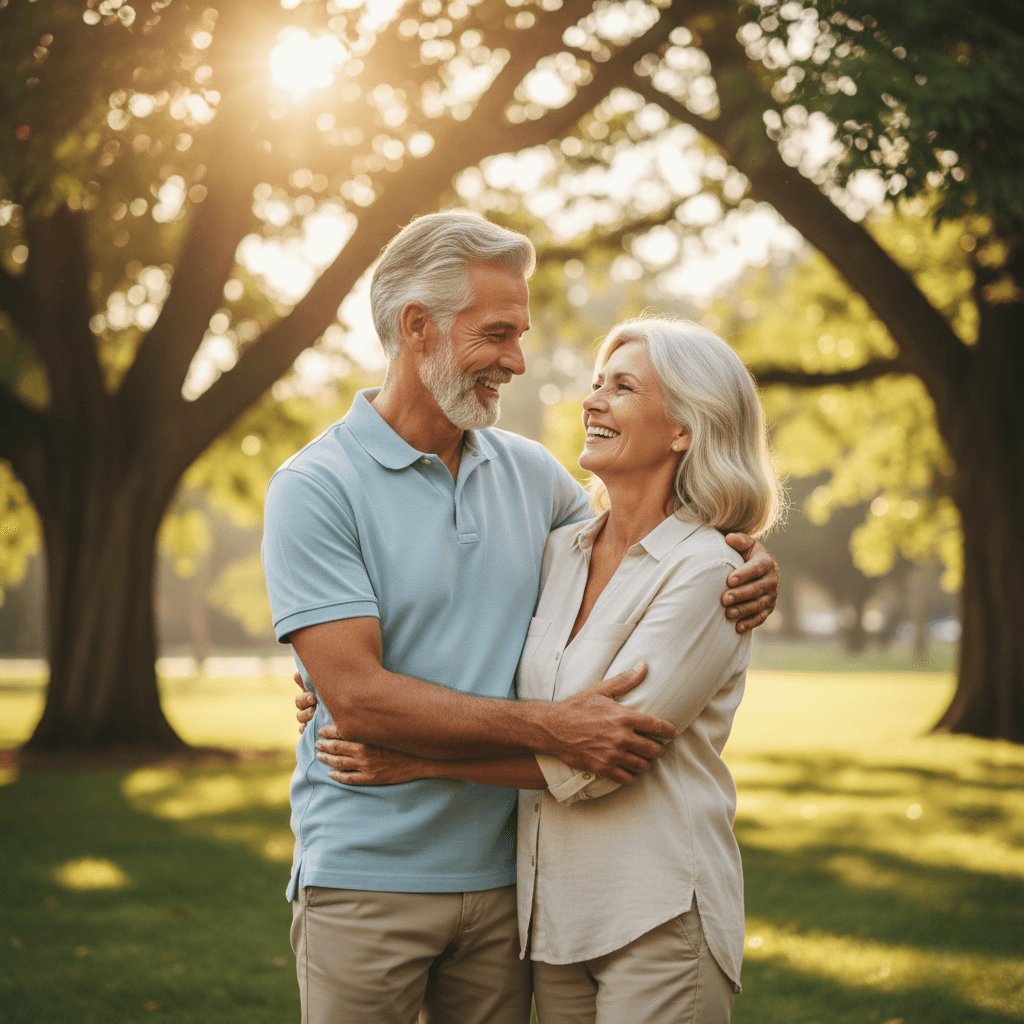 Happy, embracing mature couple, symbolizing healthy aging, love, and continuous well-being with Prime Perform.