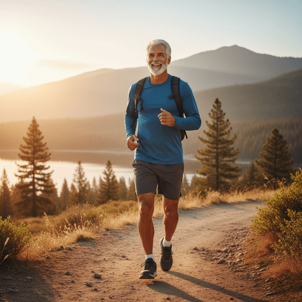 Active and healthy mature man jogging outdoors, symbolizing vitality and male energy support from Prime Perform.