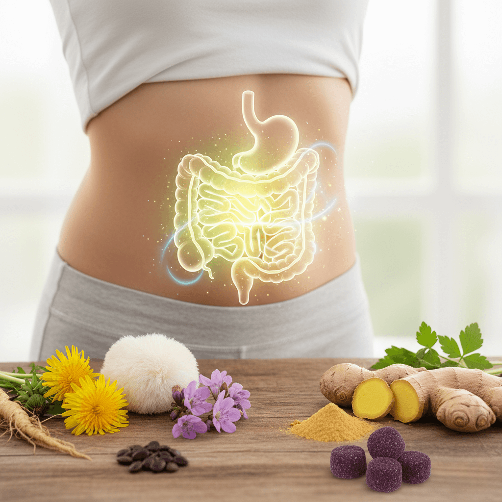 A realistic image showing a healthy digestive system glowing with vitality, surrounded by natural ingredients like dandelion, ginger, and lion’s mane mushroom, symbolizing gut balance and detox support.