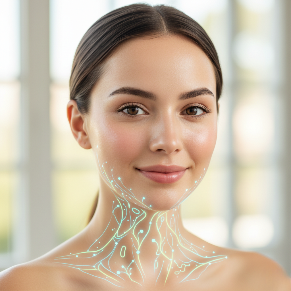 A woman with glowing, healthy skin symbolizing cellular renewal and inner balance, illustrating the visible beauty benefits of a healthy gut and natural probiotic support.
