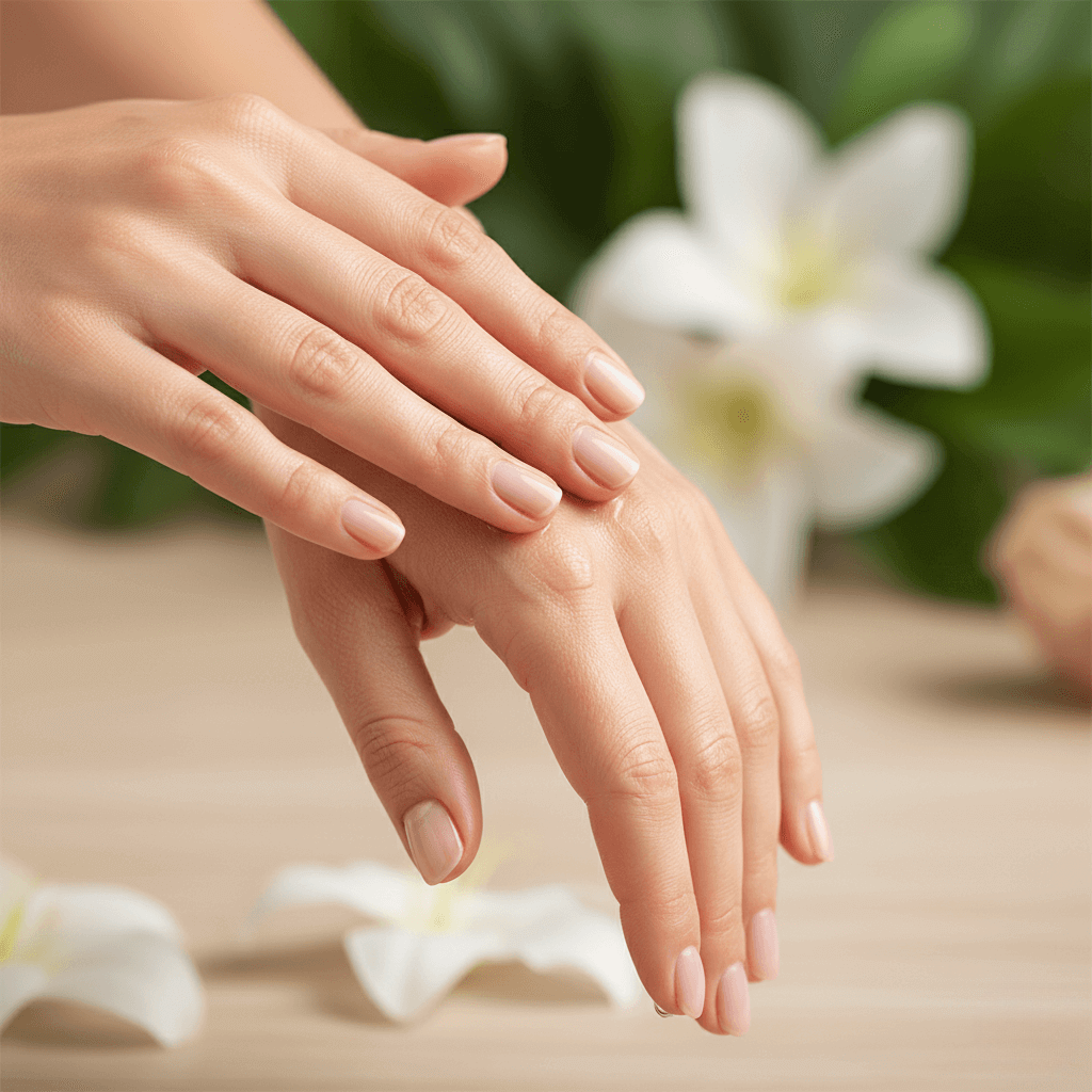 Female hands massaging natural oil into hydrated skin and smooth nails, showing the glow and deep nourishment of the ProNail Complex.