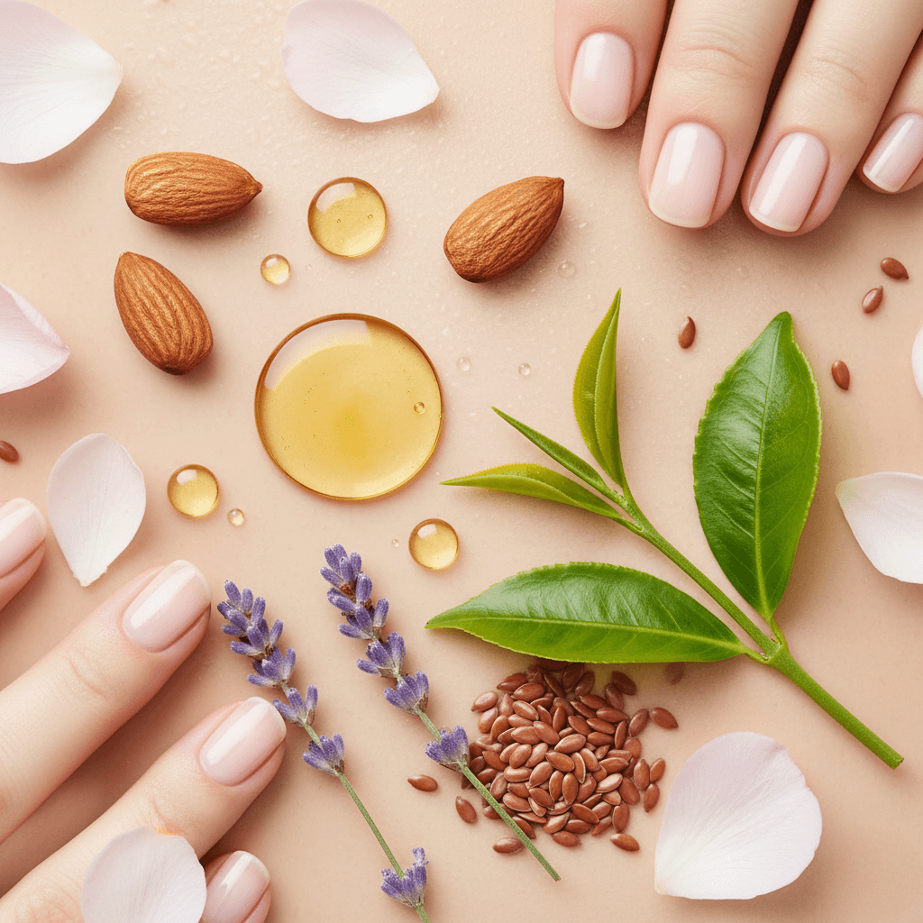 Artistic composition of oils and natural vitamins from ProNail Complex, such as almonds, lavender, and tea tree, for the nourishment of skin and nails. Oils and natural vitamins from ProNail Complex for skin and nail nourishment: almonds, lavender, tea tree.