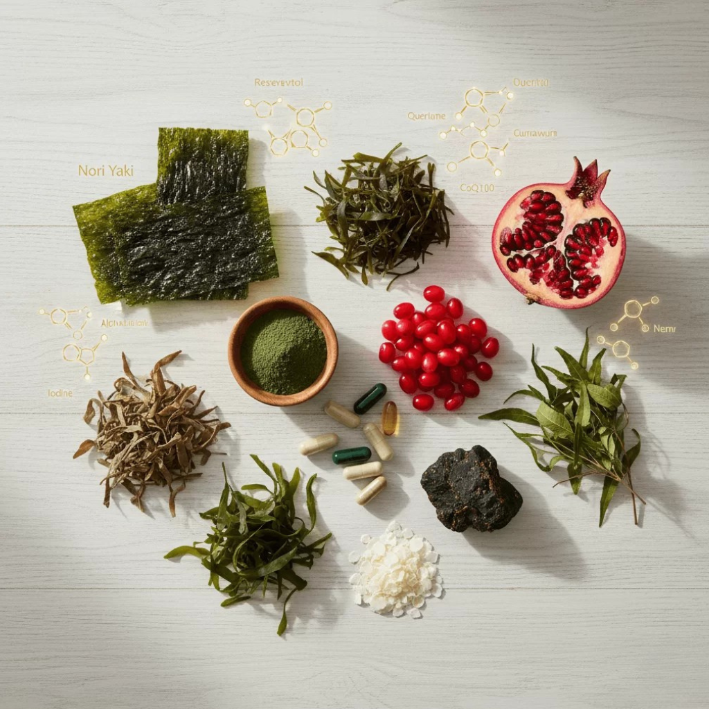 "Photorealistic flat lay of Prostadine's natural ingredients: Nori Yaki, Wakame, Kelp, Bladderwrack, Saw Palmetto, Pomegranate, Iodine, Shilajit, and Neem. Includes capsules and powder extracts on a light wooden background with soft natural lighting, symbolizing natural support for prostate health."