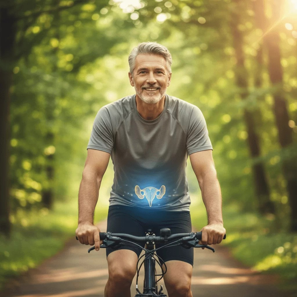 "Smiling mature man cycling on a wooded path, with a subtle glowing overlay highlighting the prostate area. The image represents an active lifestyle, vitality, and prostate health, emphasizing Prostadine's benefits for male energy and well-being."