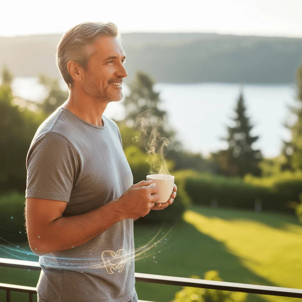 "Happy mature man enjoying a warm drink outdoors, with a subtle glowing overlay of a healthy urinary system. The image conveys well-being, comfort, and confidence, symbolizing Prostadine's benefits for urinary function and quality of life."