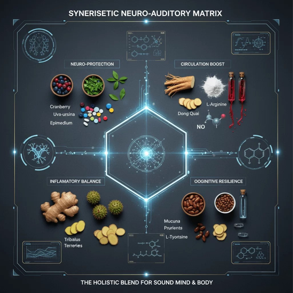 A scientific diagram showing a clean arrangement of different nutritional components and botanical extracts, connected by molecular pathways to illustrate their synergistic action and comprehensive neuro-auditory support.
