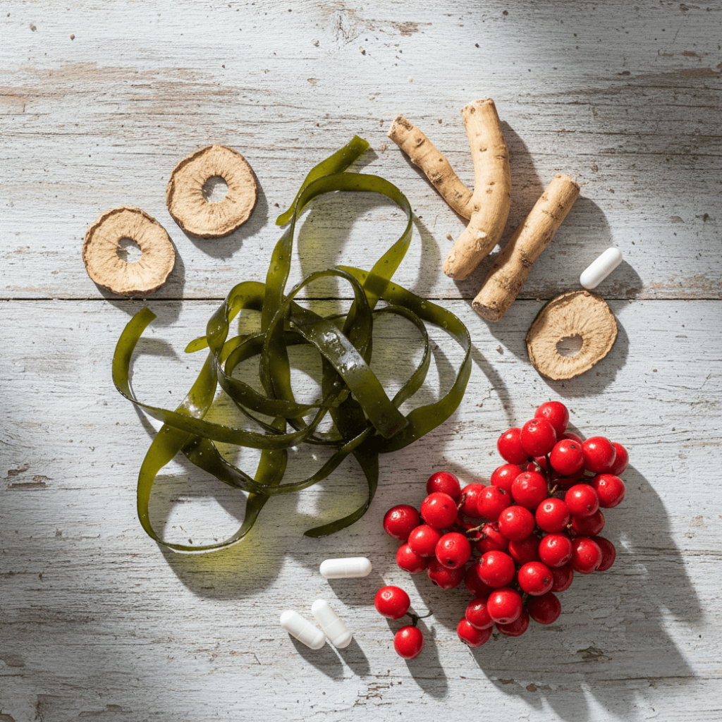 Natural adaptogens and thyroid support minerals like Ashwagandha, Kelp, and B-vitamins for hormonal balance.