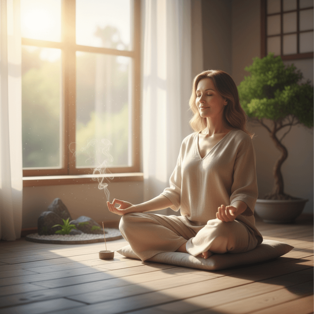 Woman exhibiting calmness and emotional balance, reflecting reduced stress and improved mood from hormonal support.