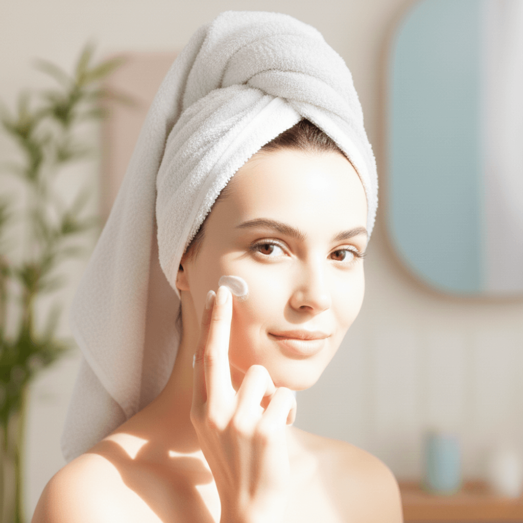 “Beautiful woman with a towel on her head applying face cream, skincare routine, glowing healthy skin.”
