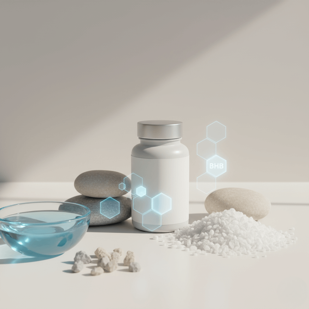 Composition of natural Leptozan ingredients, including Dead Sea minerals, blue water, and BHB molecules, alongside a supplement bottle and smooth stones, evoking purity and efficacy.