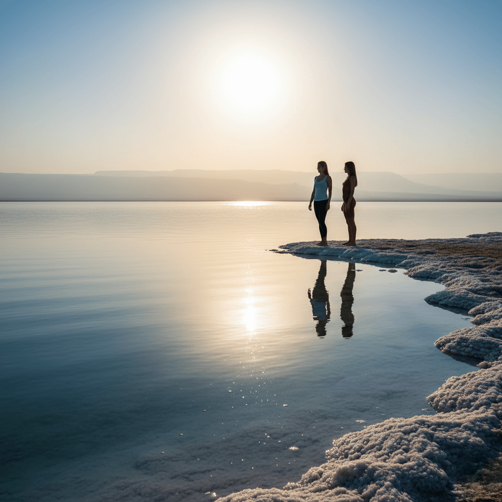 Silhouette of a woman reflected in the Dead Sea, with the original image fuller and the reflection slimmer, symbolizing a natural body transformation and gentle weight loss.