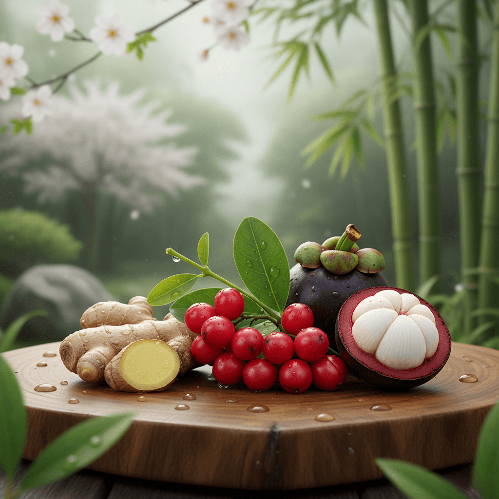Elegant, photorealistic arrangement of Negano Tonic ingredients: Camu Camu berries, fresh Ginger root, Ashwagandha leaves, and a Mangosteen fruit. Oriental garden backdrop, representing the formula's purity.